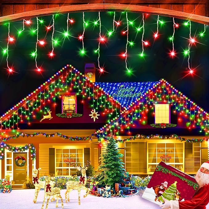 XURISEN 132ft Christmas Lights Decorations Outdoor, 1280 LED 8 Modes Fairy Lights with 240 Drops,Plug in Waterproof Timer Memory Function for Christmas Holiday Wedding Party Decorations(Red+Green)