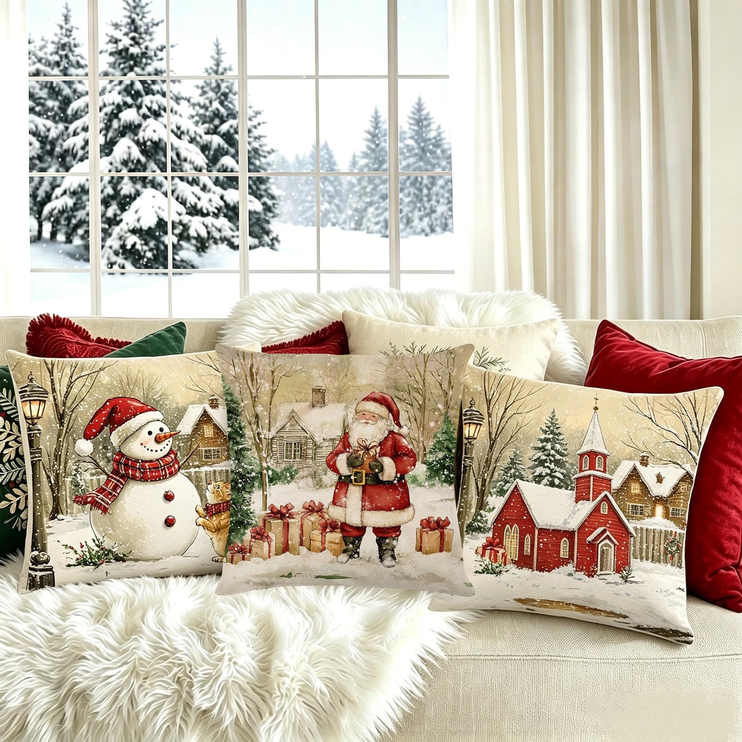 Ni-JASW Rustic Farmhouse Christmas Throw Pillow Covers 18x18 inch Set of 4, Snowy Church Santa Snowman Cushion Cases for Couch Sofa Bed Holiday Decor