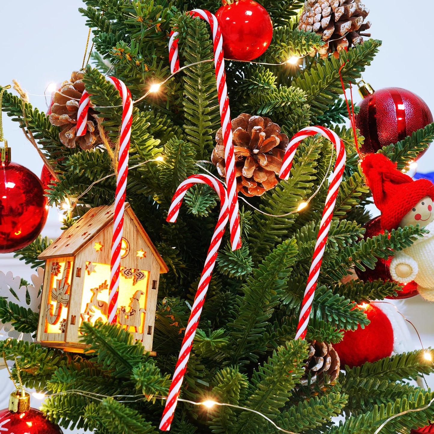 Jmkcoz 100 Pcs Christmas Plastic Candy Cane Christmas Tree Hanging Ornament Twisted Crutch Candy Canes for Xmas Gift Holiday Decoration Party Favor (100, Red and White)