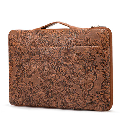 Kinmac Embossed PU Leather 360° Heavy Duty Protective Laptop Sleeve with Poacket (Coffee Flower, 15 inch-15.6 inch)