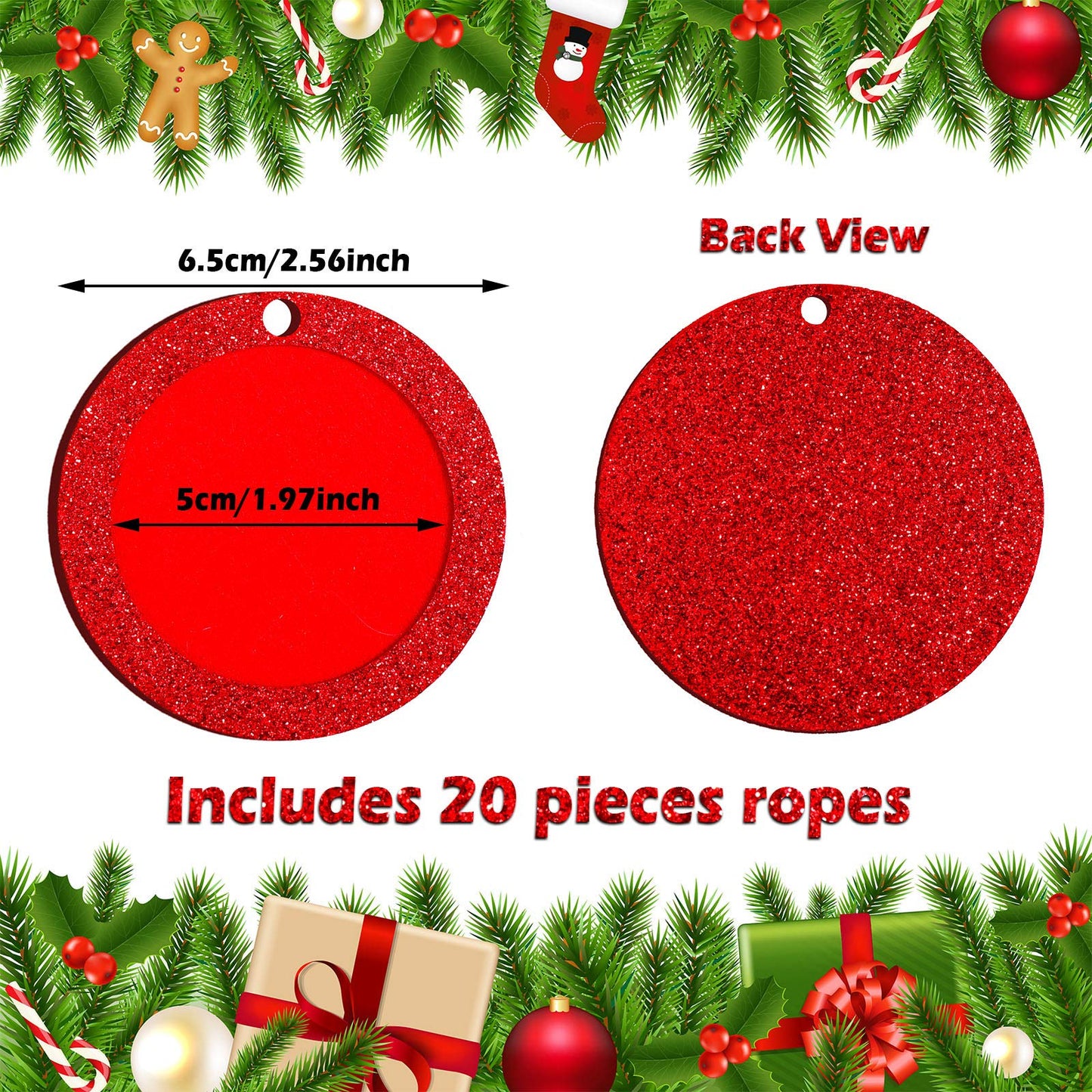 Jetec 20 Pcs Christmas Picture Ornaments Christmas Photo Ornaments Felt Glitter Hanging Round Picture Frame for Xmas Tree Stockings Decorations
