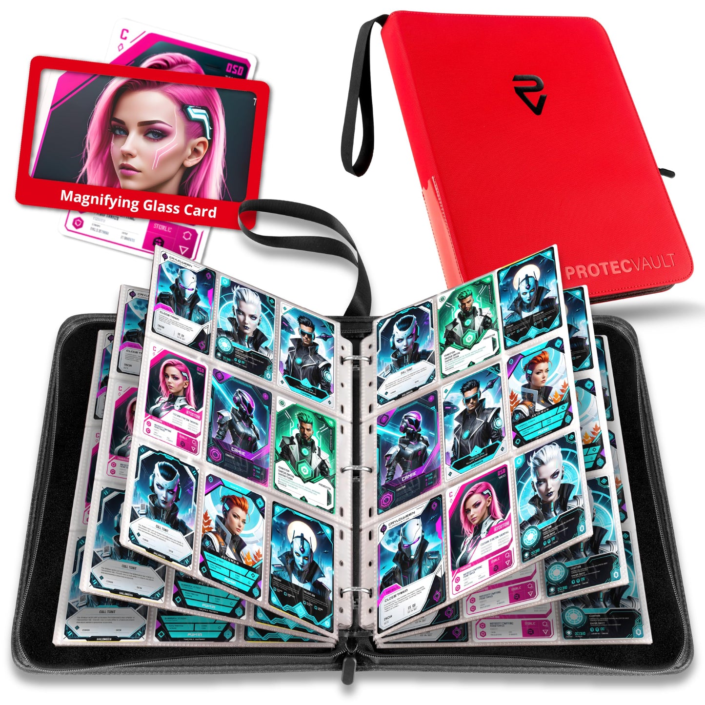 Pokemon Card Binder 900 Pocket with Magnifying Glass - Trading Card Storage Album Zipper 3 Ring for MTG Sports Cards TCG - Premium Red Holder Organizer