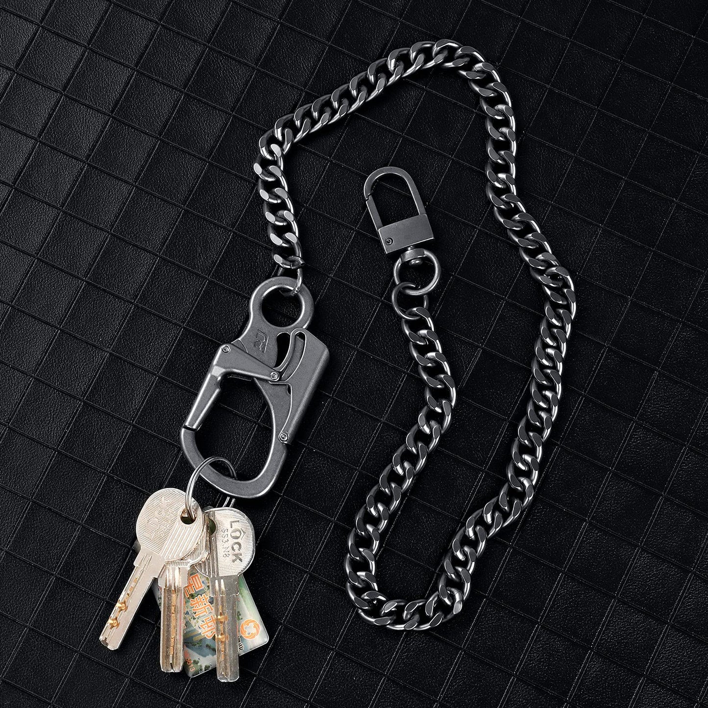 Ahiller Biker Wallet Chain, Heavy Duty Pocket Chain with Lockable Carabiner, Men Chains for Keys, Jeans, Pants, Purse and Handbag (P-Black-1PCS)