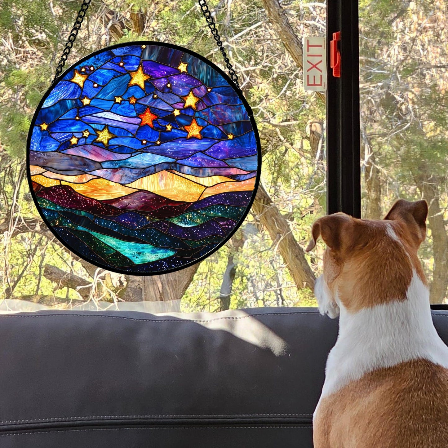 JOSUMALY Stained Glass Window Hanging, Blue Sky Gold Stars Abstract Landscape Suncatcher for Doors Window Home Sun Catchers Decor Mother's Day Birthday Gifts for Women, Men Mom 11.8 in