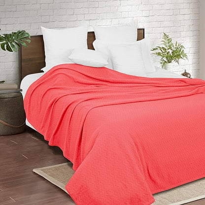 BELIZZI HOME 100% Cotton Bed Blanket,Breathable Thermal Blanket Full Queen Size,Soft Chevron Thermal Blanket 90x90in,Cotton Bed Blanket,Perfect for Layering Any Bed for All Season,Coral