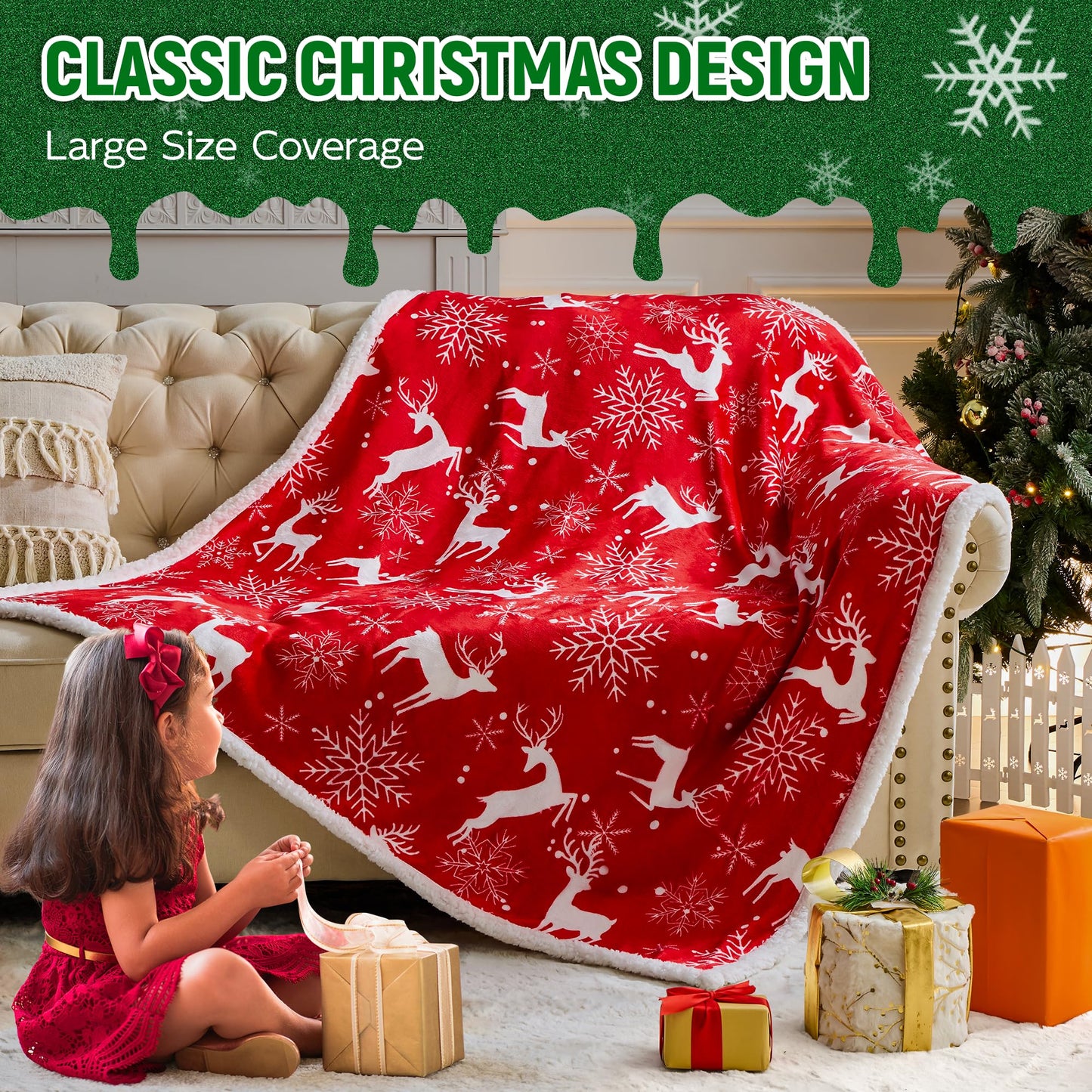 NORD ECO Christmas Throw Blanket, Christmas Decorations Gifts for Women, Sherpa Flannel Fleece Winter Holiday Blanket, Fluffy Cozy Soft Christams Throws for Couch Sofa Bed, Reindeer Stars, 50" X 60"