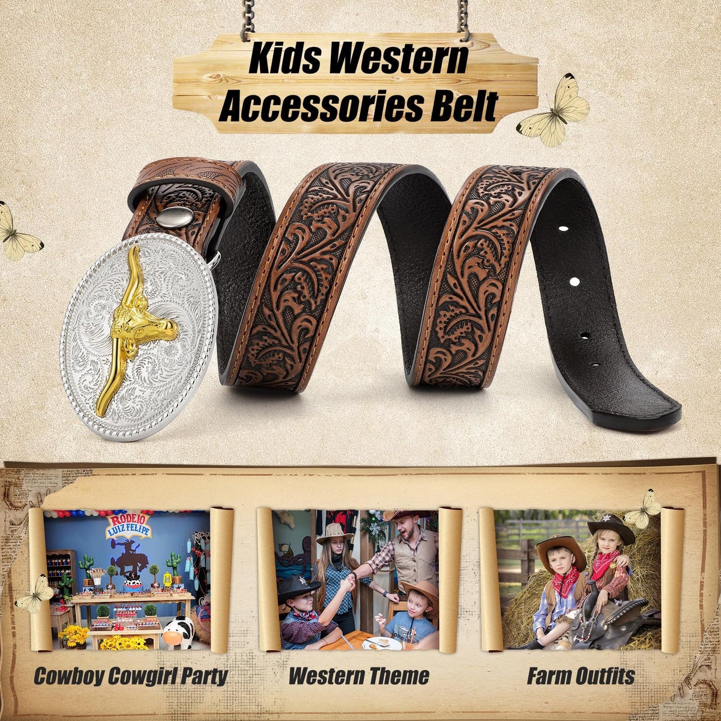 JKEEMI Kids Western Belt for Boys Girls, Embossed Genuine Leather Cowboy Cowgirl Belt for Jeans Pant Dresses Gift