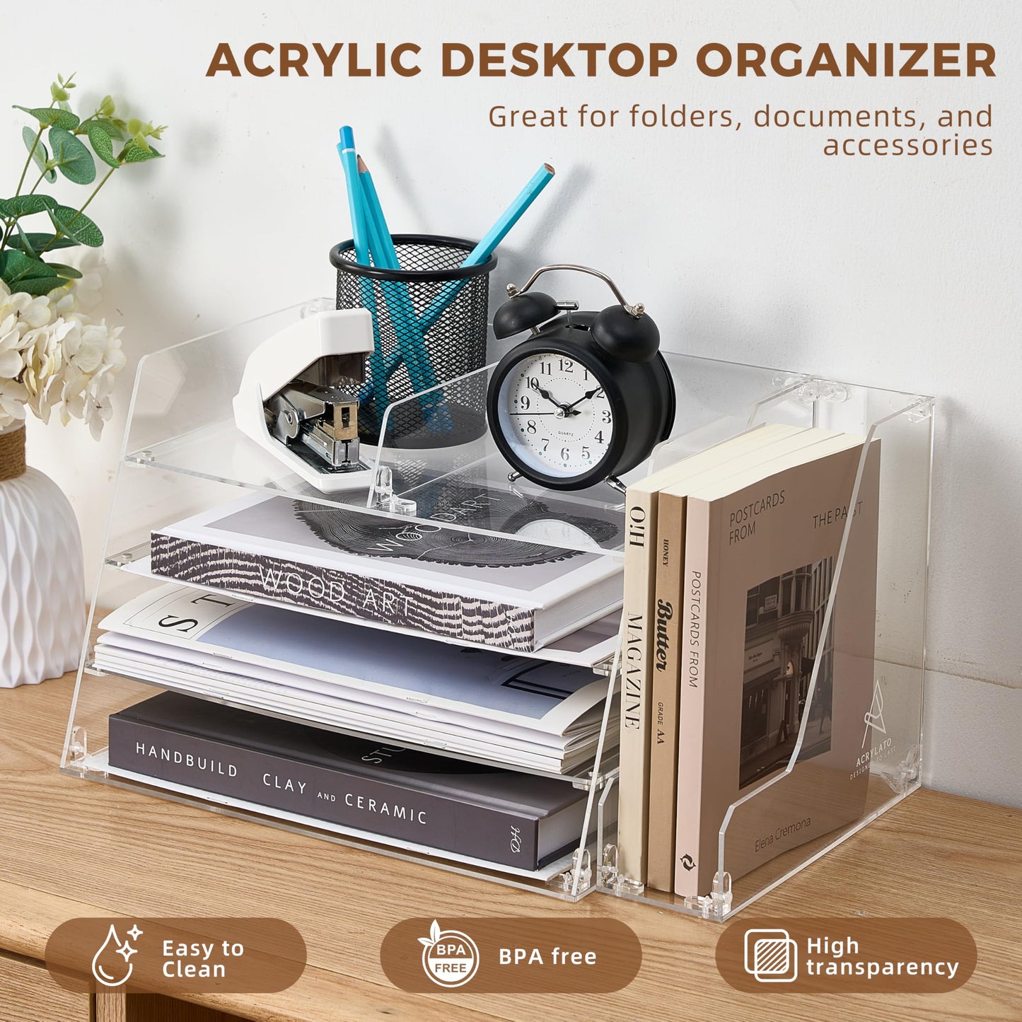 ACRYLATO, Acrylic Desk Organizer - 4-Tier Tray with Vertical File Holder for Books, Stationary, Letter, Magazines, Documents, and File Organizer - Durable Space Saving Storage, For Home and Office