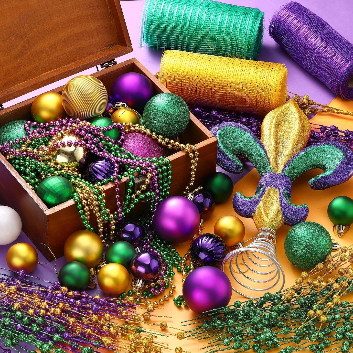 Vertintong 69 Pcs Mardi Gras Decorations Set Mardi Gras Tree Decor Bulk Purple Yellow Green Ball Ornament Fleur-de-lis Wired Berry Stems Beads Ribbon for Xmas Holiday Party Tree Ornaments