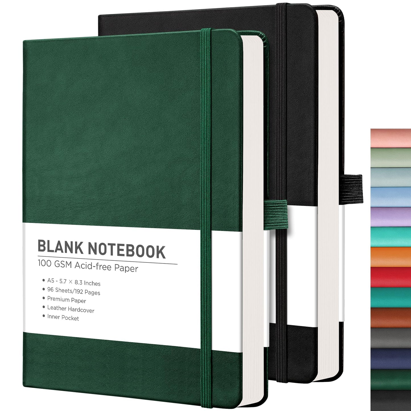 RETTACY Blank Journal Notebook, 2-Pack, 192 Pages per Pack, A5 Medium Size (5.7'' x 8.3''), Leather Hardcover, 100 GSM Thick Paper, for Sketching, Drawing, Painting (Black & Dark Green)