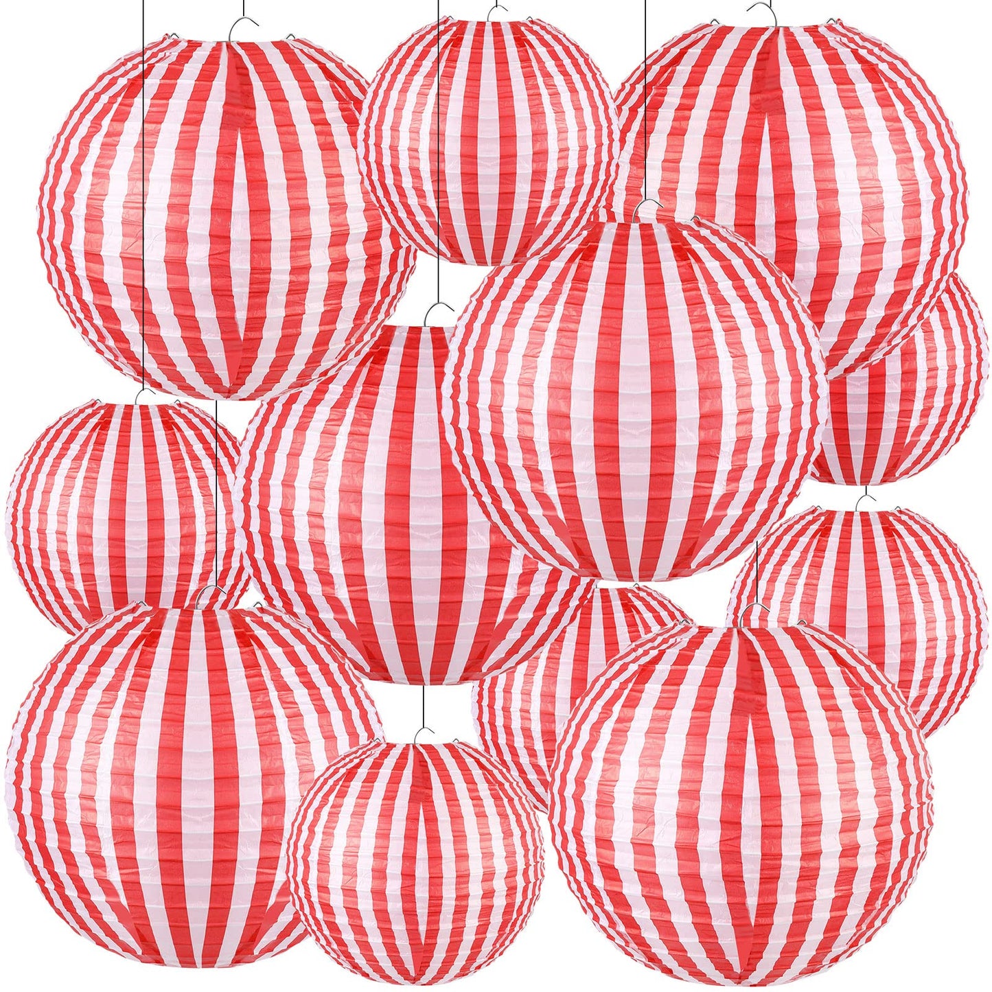 Hortsun 12 Pcs Carnival Circus Decorations Red and White Stripes Paper Lanterns Chinese Hanging Paper Lanterns for Carnival Circus Wedding Birthday Party Baby Shower Home Decoration