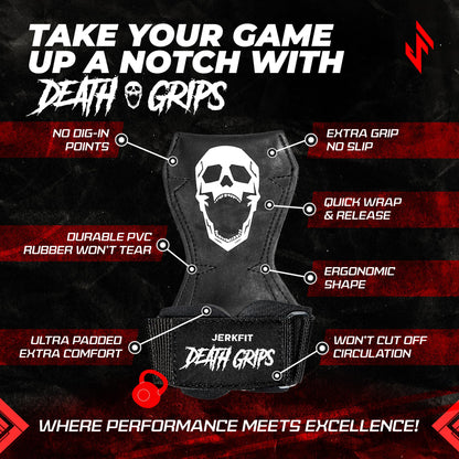 JerkFit Death Grips, Lifting Straps for Deadlifts, Pull Ups, and Heavy Shrugs, with Padded Support, Palm Protection & Increased Grip for Heavy Pull Lifts (Medium)