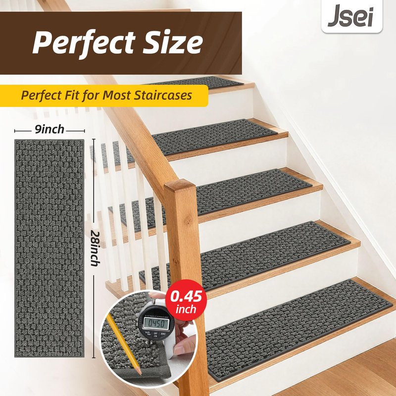 JSEI Stair Treads for Wooden Steps Indoor, Non-Slip Washable Carpet Stair Treads with TPE Backing, Stair Step Mats for Wood Stairs, 14 Pack, 9" x 28", Light Grey