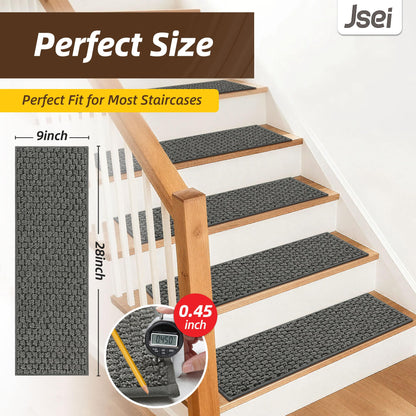 JSEI Stair Treads for Wooden Steps, 4 Pack 9" X 28" Non-Slip Machine Washable Carpet Stair Treads with TPE Backing, Soft Indoor Stair Rug Runner for Kids Elders & Pets, 100% Polyester, Grey
