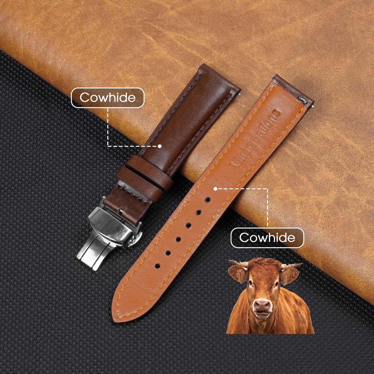 20mm Dark Brown Leather Watch Band Deployment Clasp Quick Release Handmade Leather Strap Butterfly Buckle Replacement Wristband for Men, Christmas Fathers Day Gift for Dad Son Husband DH-203D-S-20MM