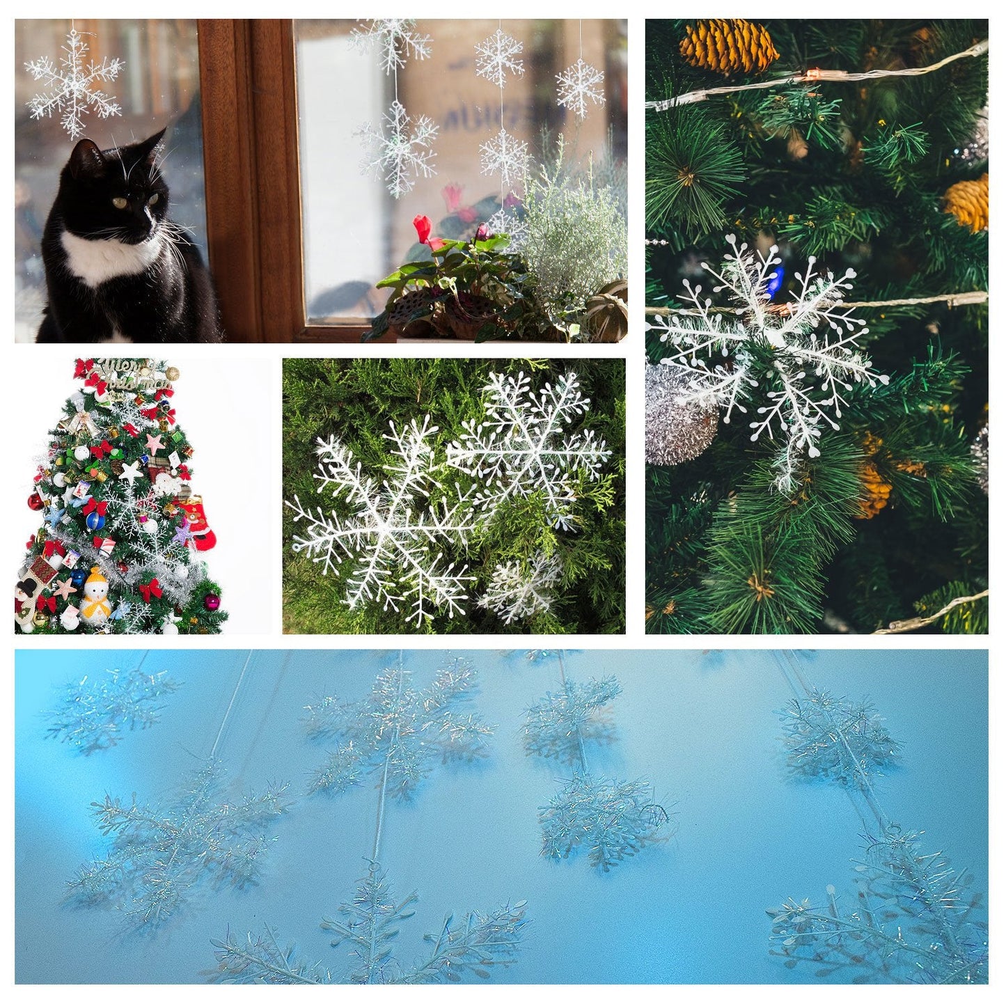BTNOW 63 Pieces 4 Sizes White Christmas Snowflake Decorations Snowflake Ornaments Garland, 8 Meters White Strings and 60 Pieces Round Double Side Tape for Home Christmas Holiday Party Decorations