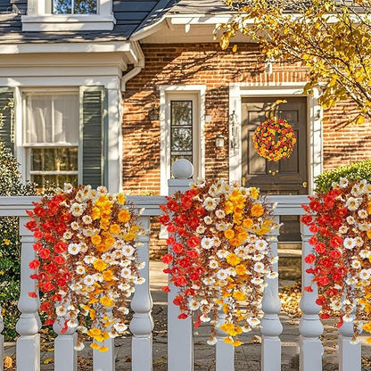 8PCS Artificial Fall Hanging Flowers for Outdoor, Fake Silk Petunias Plants, Fake Mums, Fall Outdoor Decoration, UV Resistant, Morning Glorias, for Home Garden Porch Decor (Early Harvest)