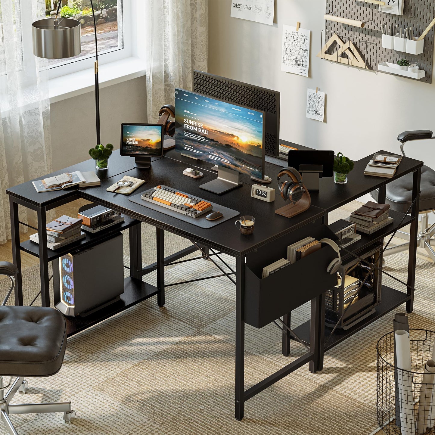 Grandder L Shaped Computer Desk with Reversible Shelves, 47 Inch Small Corner Desk with Storage Bag, Gaming Desk Computer Table Study Writing Table for Home Office Bedroom Small Space, Black