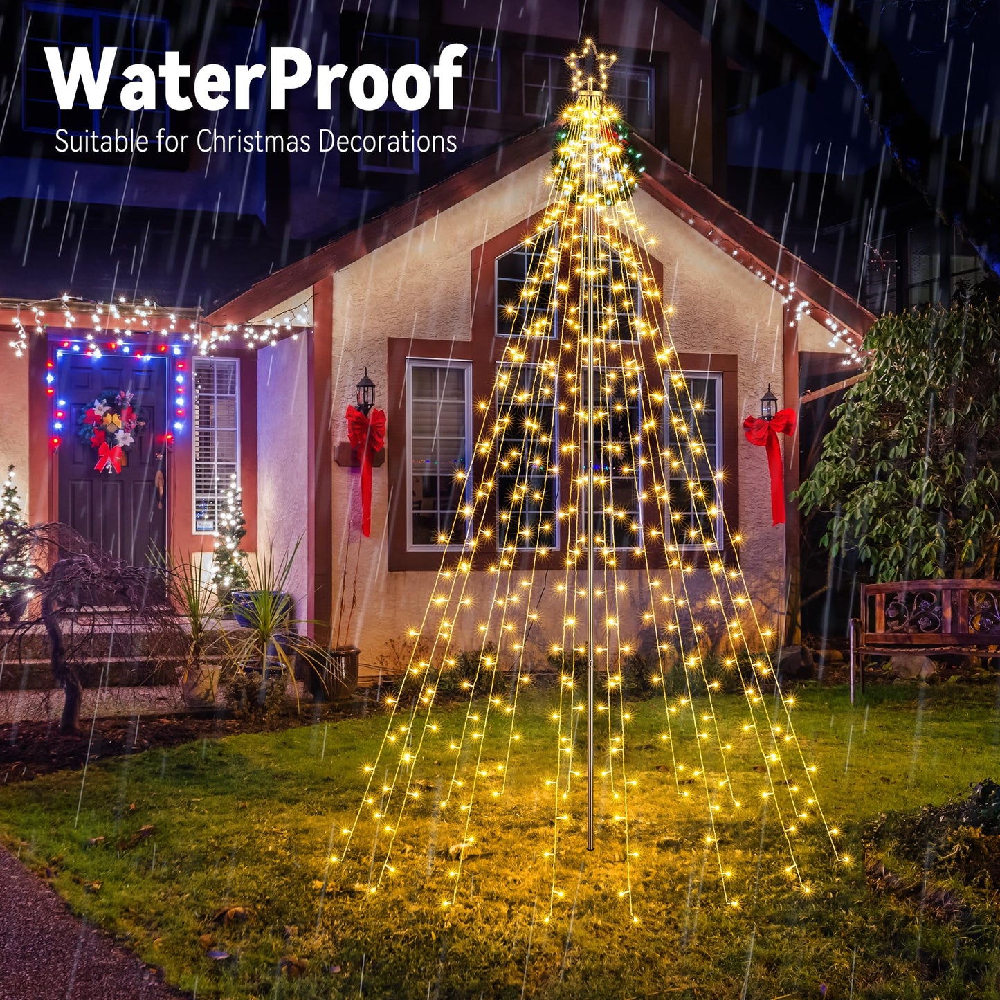 Flacchi Christmas Outdoor Star String Lights - Pole Set with Remote, Multiple Lighting Modes, Timer, and Waterproof Feature (Warm White, 10FT/404LED)
