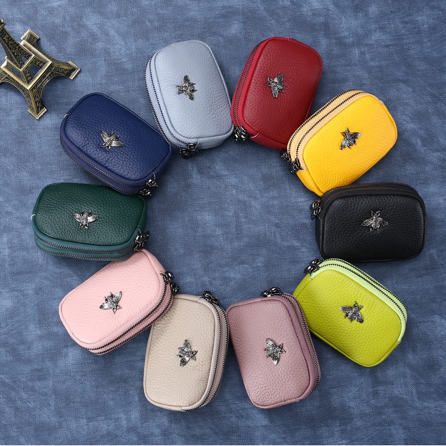 Yocipa Genuine Leather Coin Purse for Women Small Double Zipper Wallet Mini Change Pouch with Bee Charm for Cash Cards Keys Cute Compact Organizer (Pink)