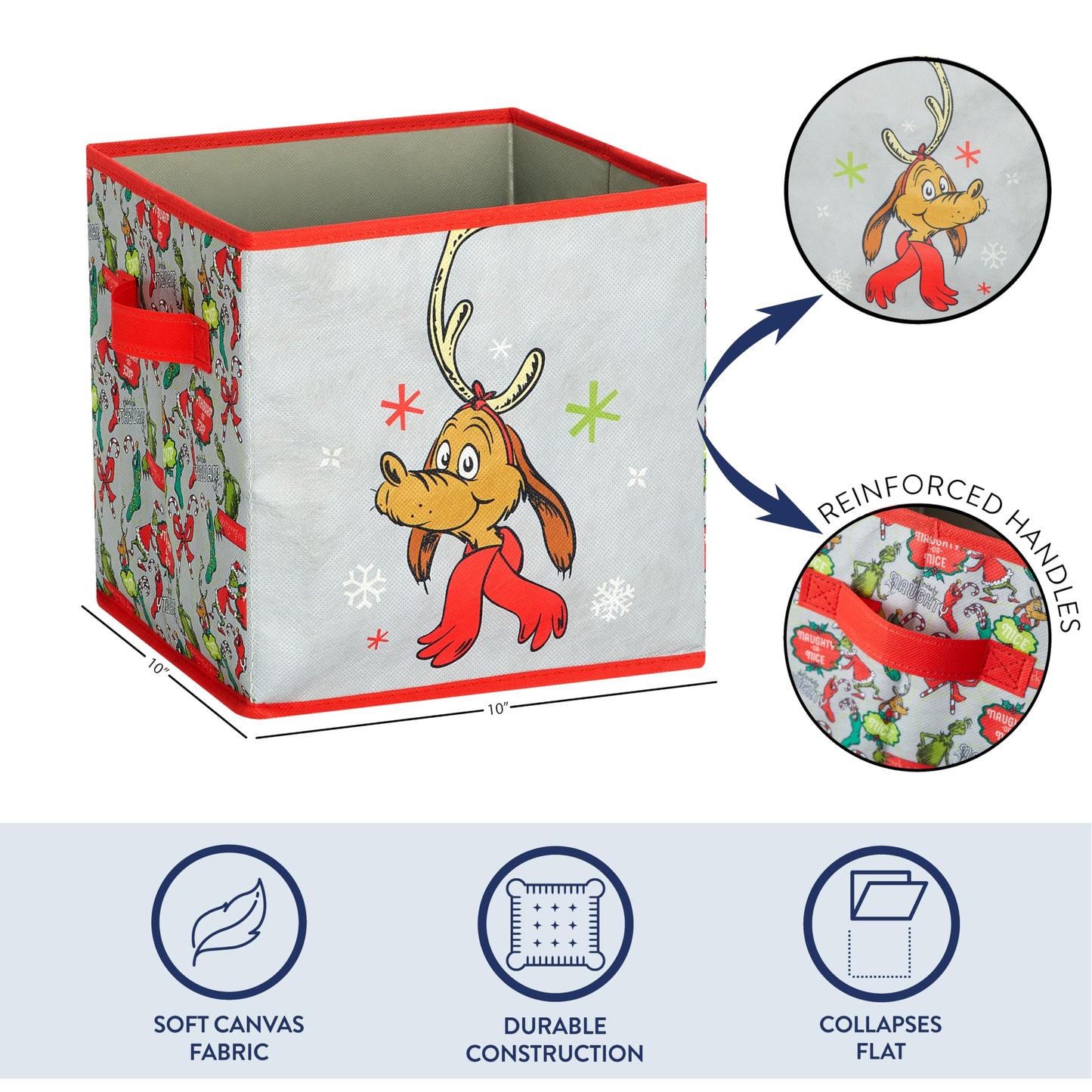 Idea Nuova Storage Cubes for Kids,2 Pack Collapsible Fabric Bins with Handles, Holiday Organizer Boxes for Bedroom, Playroom & Nursery, Festive Christmas Storage Baskets,Grinch Dr. Seuss