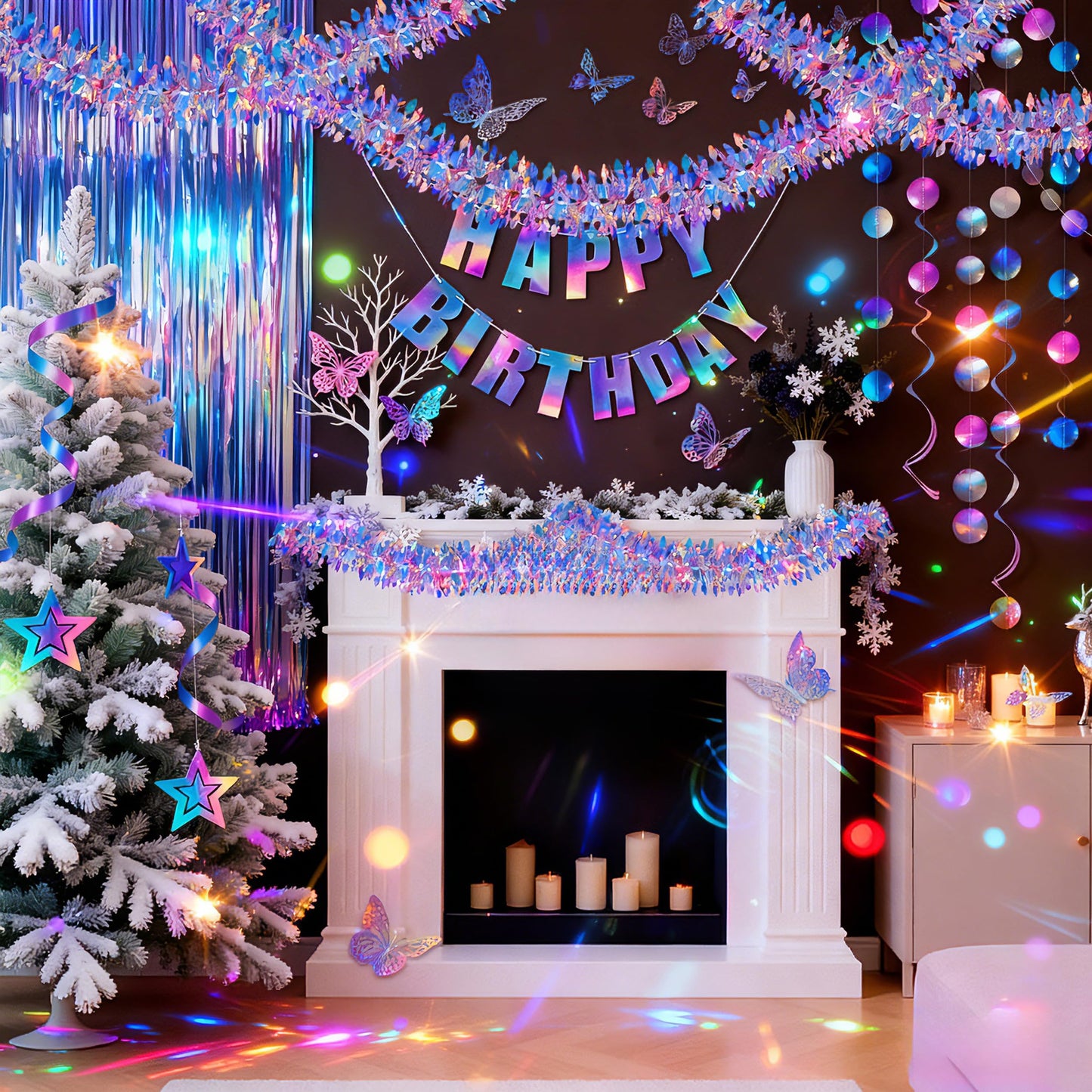 BTSD-home 2 Pack Iridescent Party Decoration Hanging Tinsel Garland Shiny Metallic Foil Reusable Fold-Flat Frozen Themed Party Supplies for Classrooms Bedrooms Pools Windows and Christmas Trees
