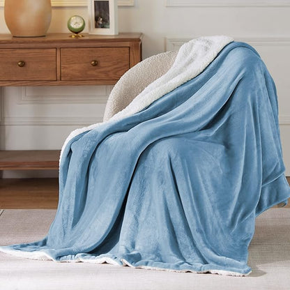 Bedsure GentleSoft Sherpa Fleece Throw Blanket Twin Size for Couch - Thick and Warm Throw for Men, Soft Fuzzy Plush Twin Blanket for Winter, Washed Blue, 60x80 Inches