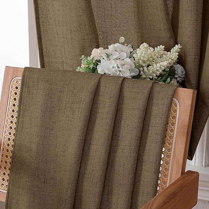 Tollpiz Short Linen Curtains Bedroom Rod Pocket Semi Sheer Curtain Burlap Light Filtering Thick Linen Drapes for Living Room, 38 x 45 inches Long, Brown, Set of 2 Panels