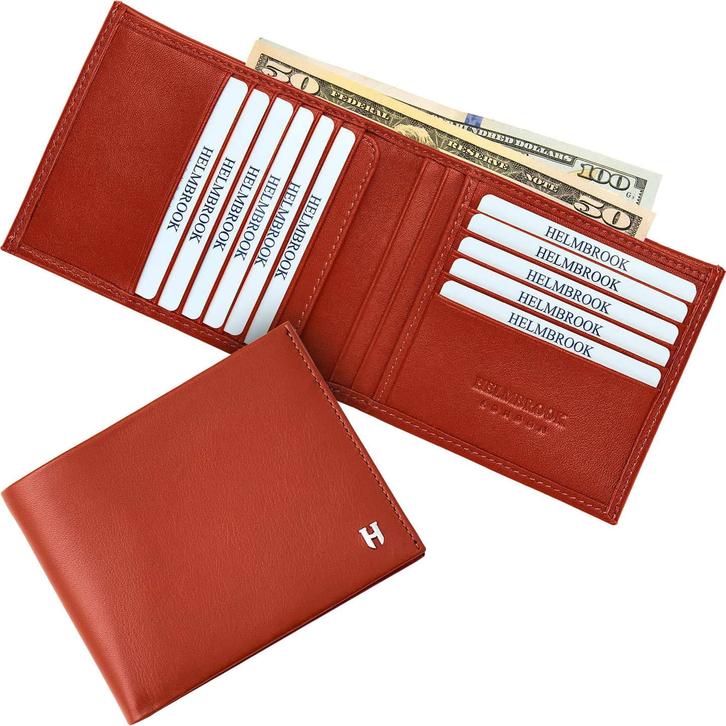 HELMBROOK London Wallet for Men, Slim Minimalist RFID Full Grain Leather, Handcrafted Bifold, 6 Card Slots, Gift Box Pouch, Christmas Birthday, Tan