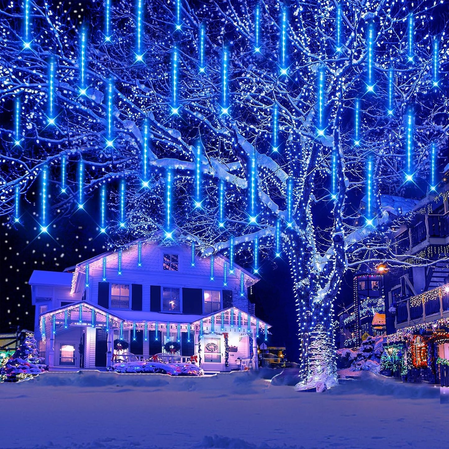 Kwaiffeo Blue Icicle Lights Outdoor, Waterproof Meteor Shower Lights for Christmas Halloween Yard Decorations Outside, UL Plug, 8-Tube