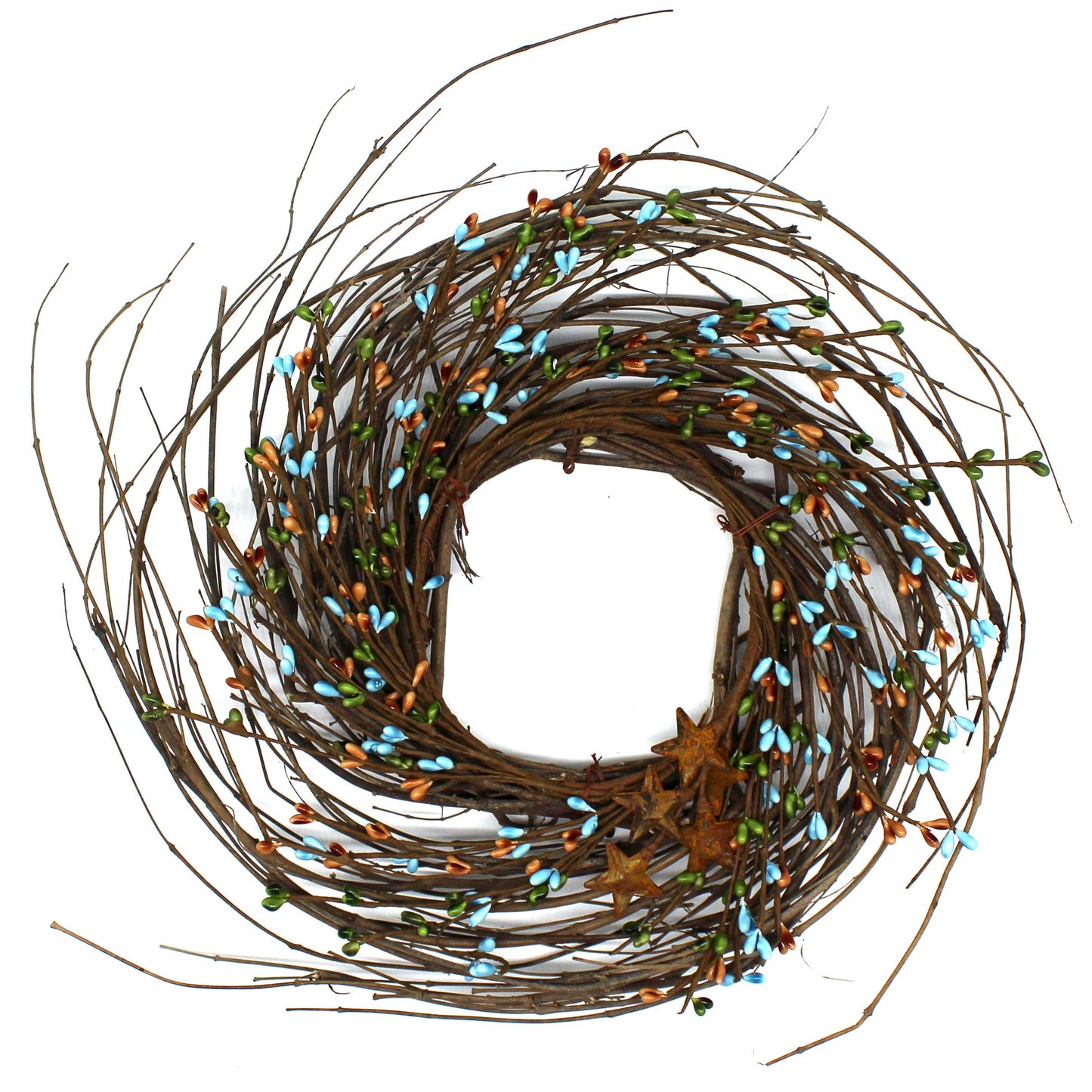 CVHOMEDECO. Primitives Rustic Pip Berries and Twig with Rusty Barn Stars Wreath, 12-Inch, Country Mix