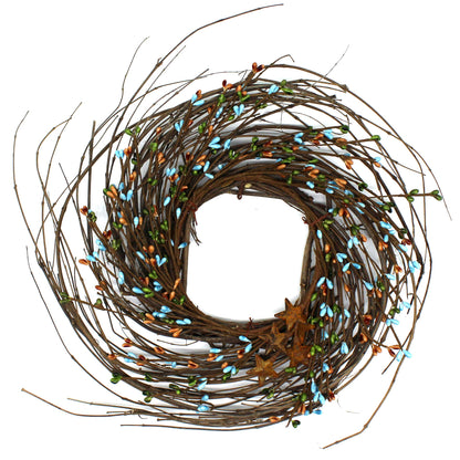CVHOMEDECO. Primitives Rustic Pip Berries and Twig with Rusty Barn Stars Wreath, 12-Inch, Country Mix