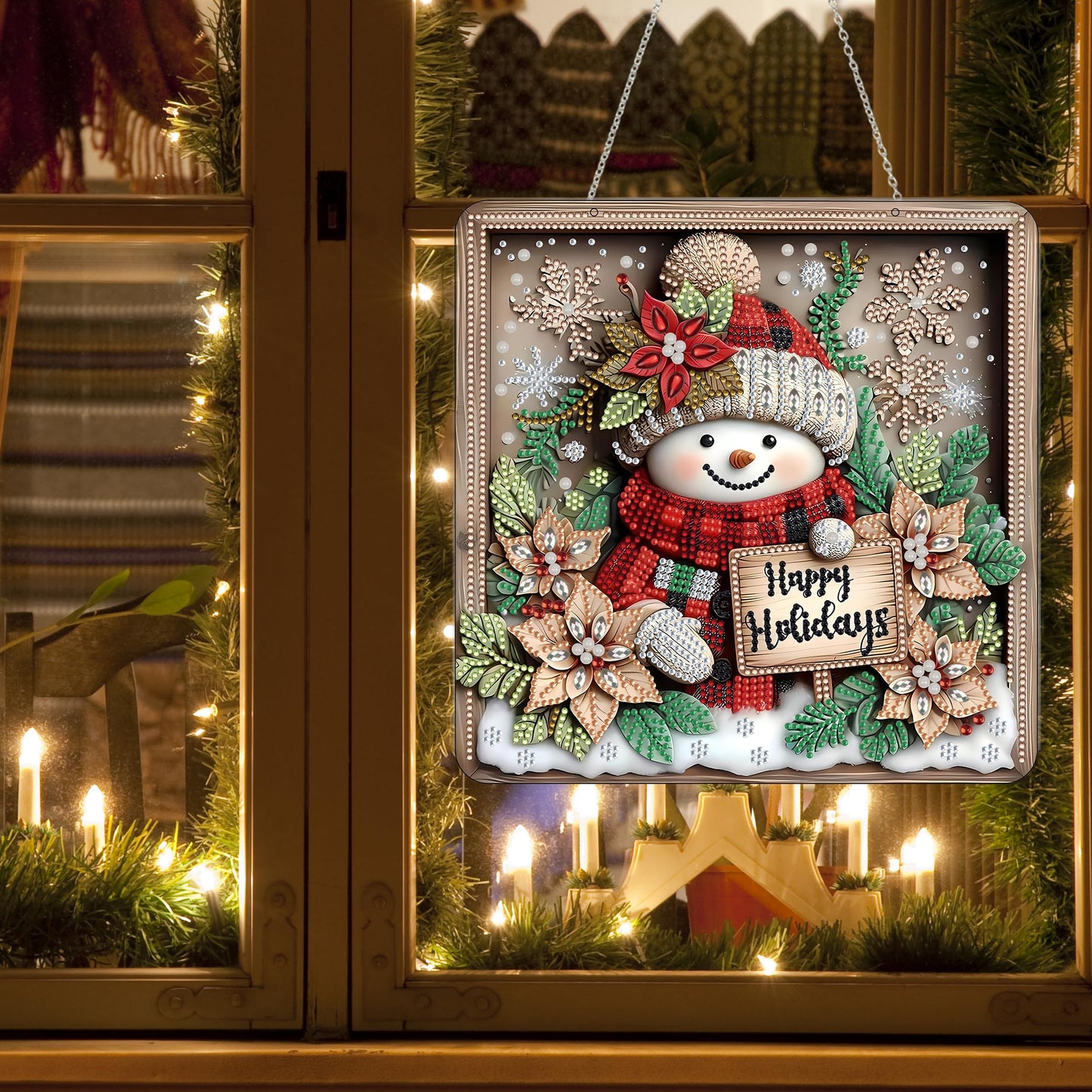 DIY Acrylic Diamond Art Painting Wreath Kits Special Shaped Rhinestone 5D Diamond Art Window Pendants Home Garden Wall Hanging Kits Hanging Ornament，Double Sided(Christmas Snowman-1)