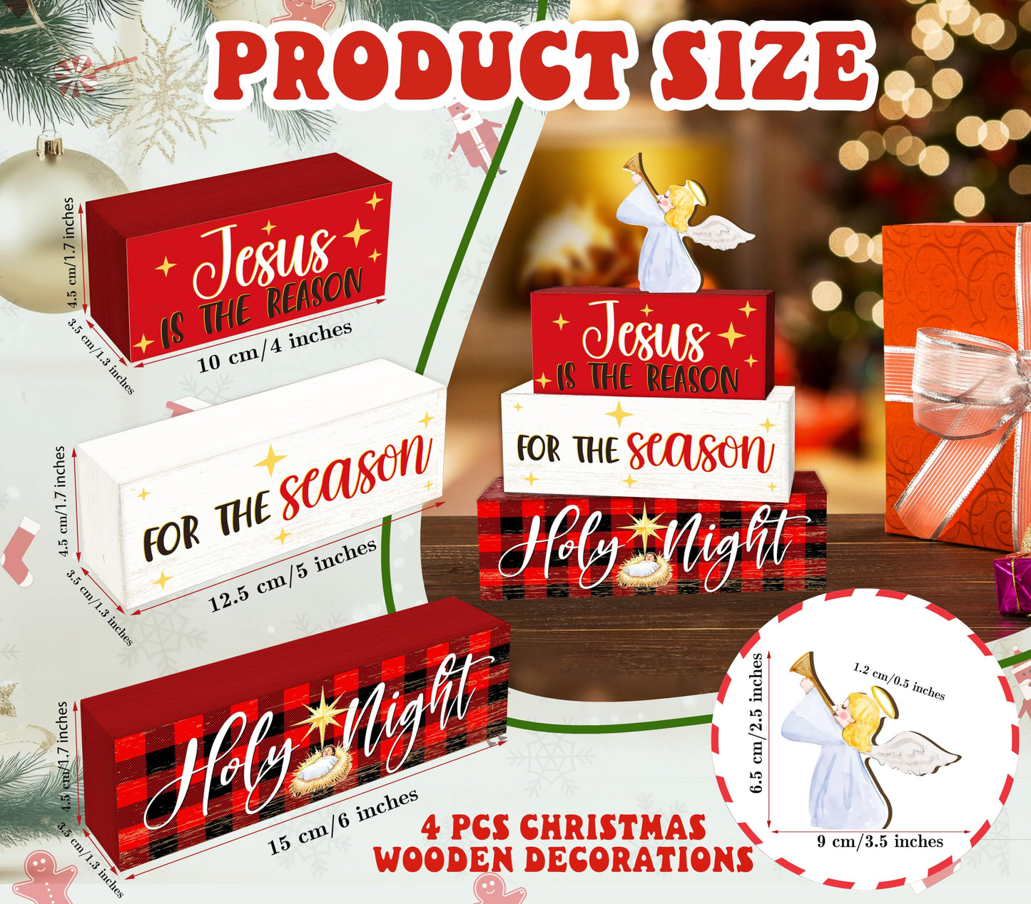 4 Pcs Angel Christmas Decor, Jesus Table Decorations, Holy Night Christmas Tiered Tray Desk Decor Gifts, Wooden Christian Stack Block Signs Table Centerpiece for Farmhouse Office -A03