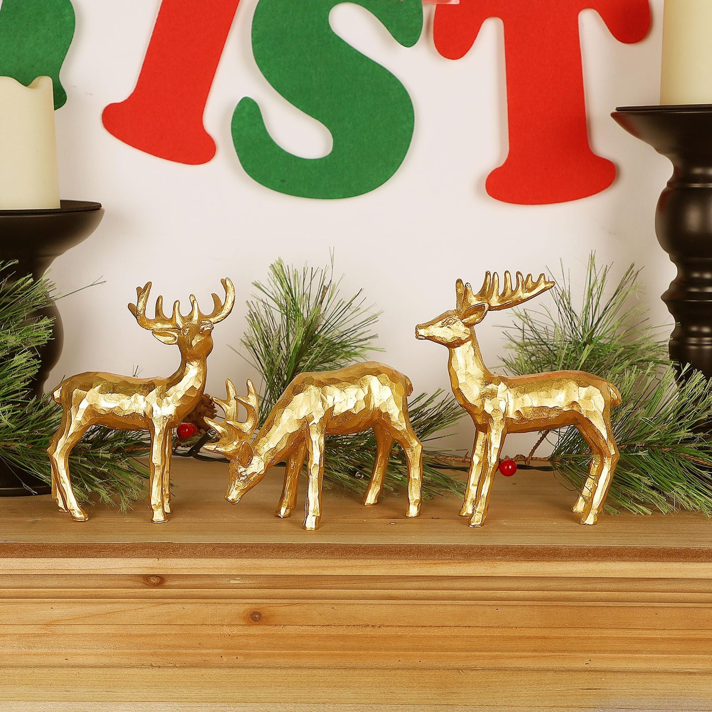 Lulu Home 3 PCS Christmas Tabletop Decorations, Resin Golden Reindeer Family Figurines with Diverse Postures, Xmas Holiday Winter Centerpieces Ornaments for Mantel Shelf Sill Decor(Peer)