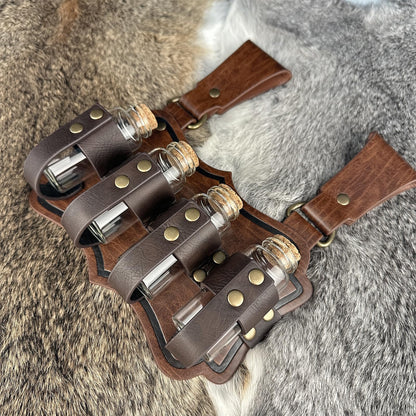 HiiFeuer Medieval Embossed Alchemy Faux Leather Buckle Belt with 4 Cork Vials, Fantasy Wizard Potion Bottles Belt (Brown B)