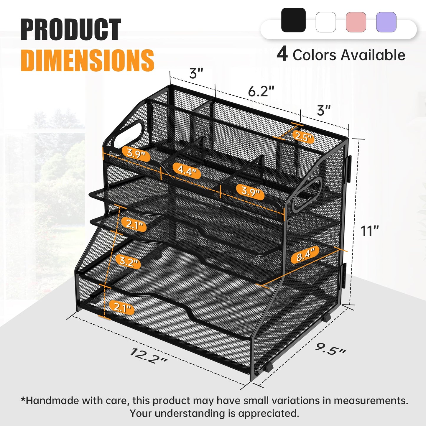 YINGHUA 5 Tier Paper Tray Letter Organizer with Top 6 Adjustable Compartments - Paper Sorter Office Desktop Accessories with Handles for Document,Mail,School Supplies Storage,Black