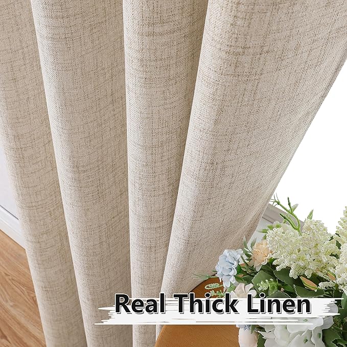 Tollpiz Linen Curtain Bedroom Rod Pocket Semi Sheer Curtains Burlap Light Filtering Thick Linen Drape for Living Room, 38 x 84 inches Long, Natural, Set of 2 Panels