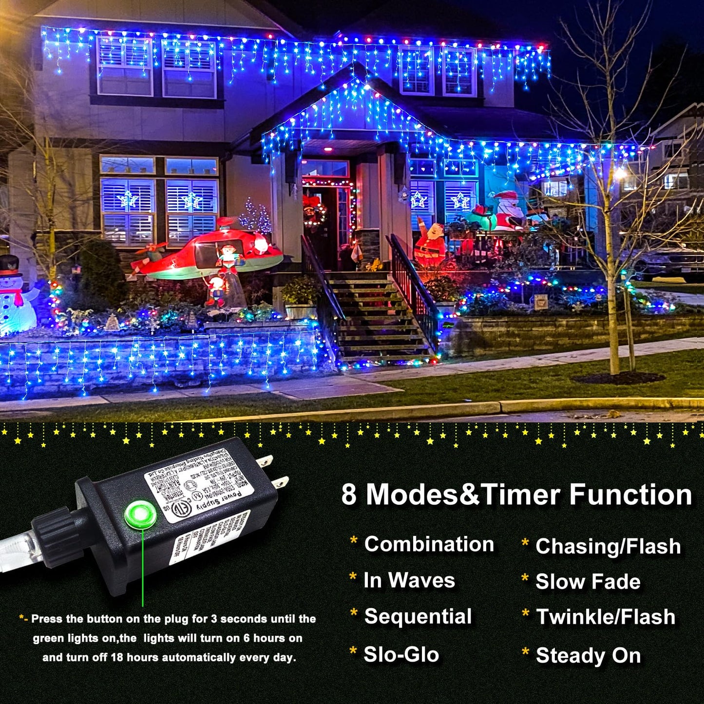 Einiiya Icicle Christmas Lights Outdoor, 33 FT 400 LED Icicle Lights for Outside 8 Modes with 75 Drops, Plug in Waterproof Hanging Christmas Light for Holiday Pavilion Balcony Decorations, Blue