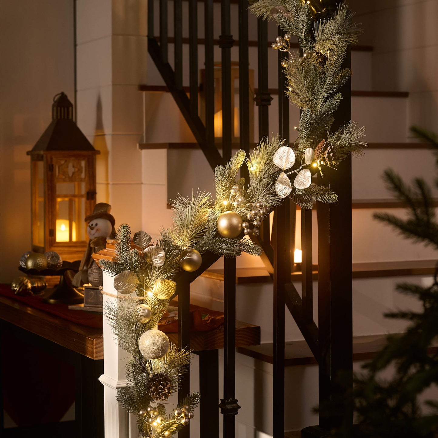 Valery Madelyn 6 Ft Pre-Lit Christmas Garland with Lights for Mantle, Lighted Outdoor Xmas Garland with White Gold Balls Norfolk Pine for Home Stairs Fireplace Table Centerpiece Indoor Holiday Decor