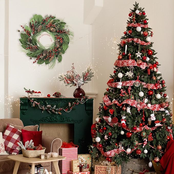 YNYLCHMX 20 Inch Winter Wreath for Front Door, Winter Wreaths with Magnolia Leaves Red Berries Pine Cones, Artificial Door Wreaths for Outdoor Indoor Farmhouse Windows Wall Holiday