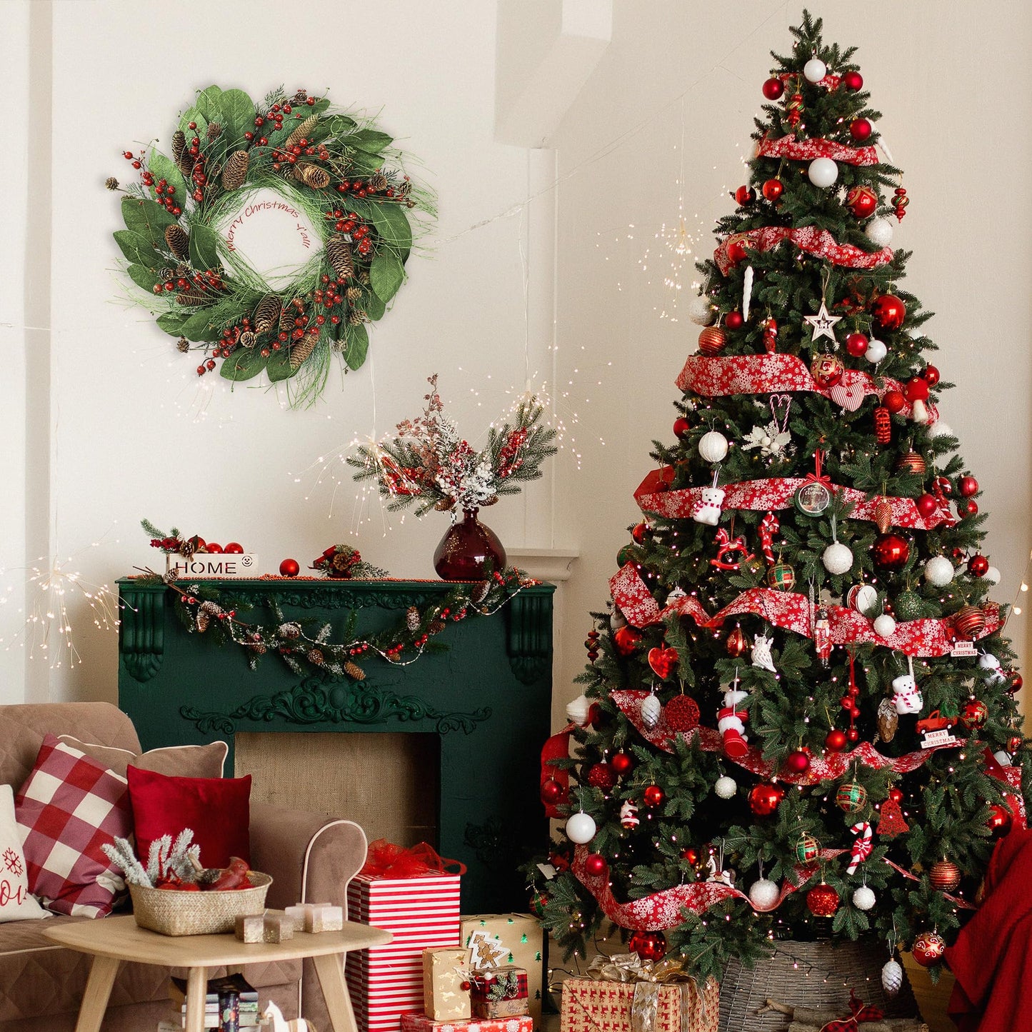 YNYLCHMX 20 Inch Winter Wreath for Front Door, Winter Wreaths with Magnolia Leaves Red Berries Pine Cones, Artificial Door Wreaths for Outdoor Indoor Farmhouse Windows Wall Holiday