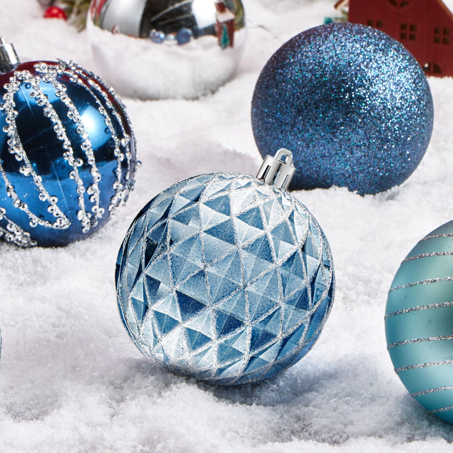 JOYIN 12 Pcs Blue Silver Christmas Balls Ornaments Set, 3.15'' Glittering Tree Hanging Christmas Decorations, Xmas Large Shatterproof Indoor Decor for Tree Wreath Holidays Wedding Party