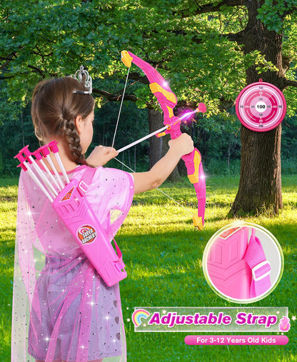 DUDUCOFU Kids Bow and Arrow Set Toys for Girls, LED Light Up Archery Bow Set with Princess Cape and Crown, 10 Suction Cup Arrows, Indoor and Outdoor Play Birthday Gift Toy for Kids Boys Girls