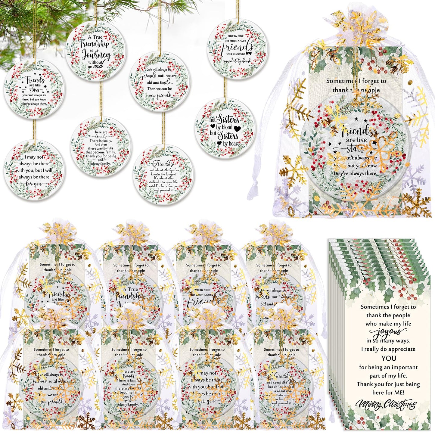 Suzile 16 Pcs Friendship Christmas Ornaments Ceramic Round Friends Ornaments Long Distance Sister Christmas Ornament Gift with Greeting Cards Organza Gift Bag for Christmas Tree (Berry)