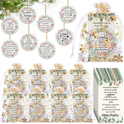 Suzile 16 Pcs Friendship Christmas Ornaments Ceramic Round Friends Ornaments Long Distance Sister Christmas Ornament Gift with Greeting Cards Organza Gift Bag for Christmas Tree (Berry)
