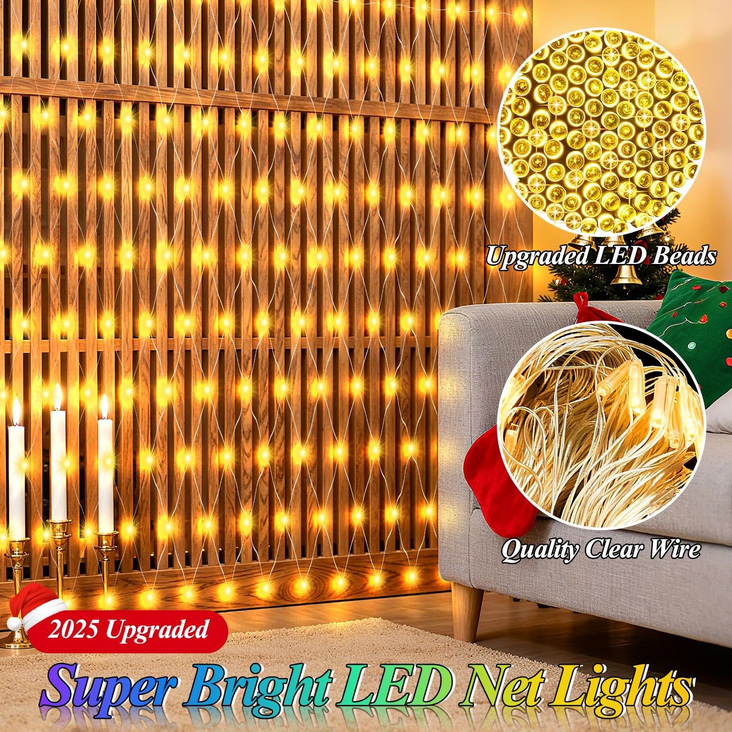 Lovelite 120 LED Christmas Net Lights, 5ft x 5ft Mesh Lights Outdoor 8 Modes Timer, Waterproof Connectable String Lights Clear Wire Plug in for Bushes Lawns Garden Holiday Wedding Party - Warm White