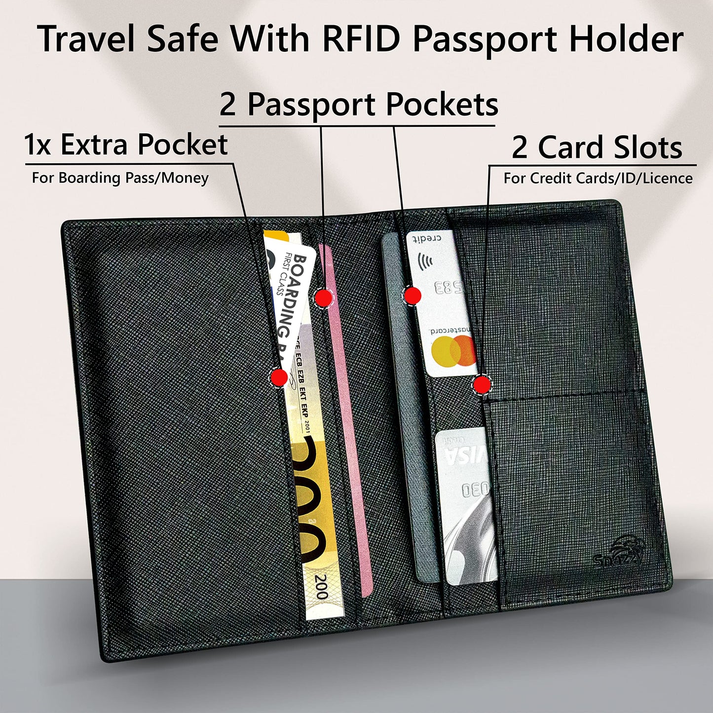 Snazzy Hawk 2 Passport Holder - Travel Essentials, RFID Blocking Wallet Credit Card Organiser, Plain Accessories Slim Cover For Men Women… (Black)