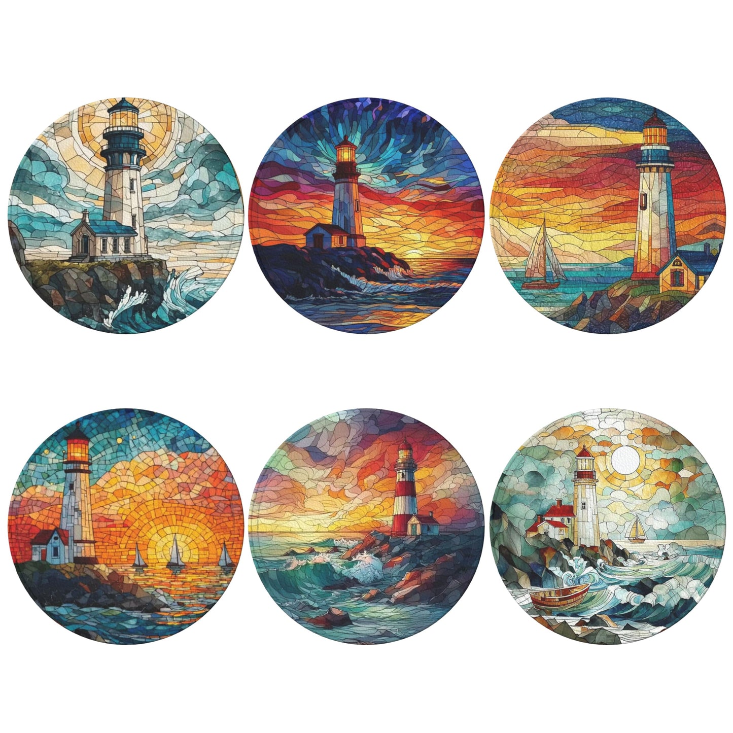 Lighthouse Coasters Leather Round Drink Coasters 6 Pcs Set with Holderor for Cup Drink Coffee Table Bar Home Decor
