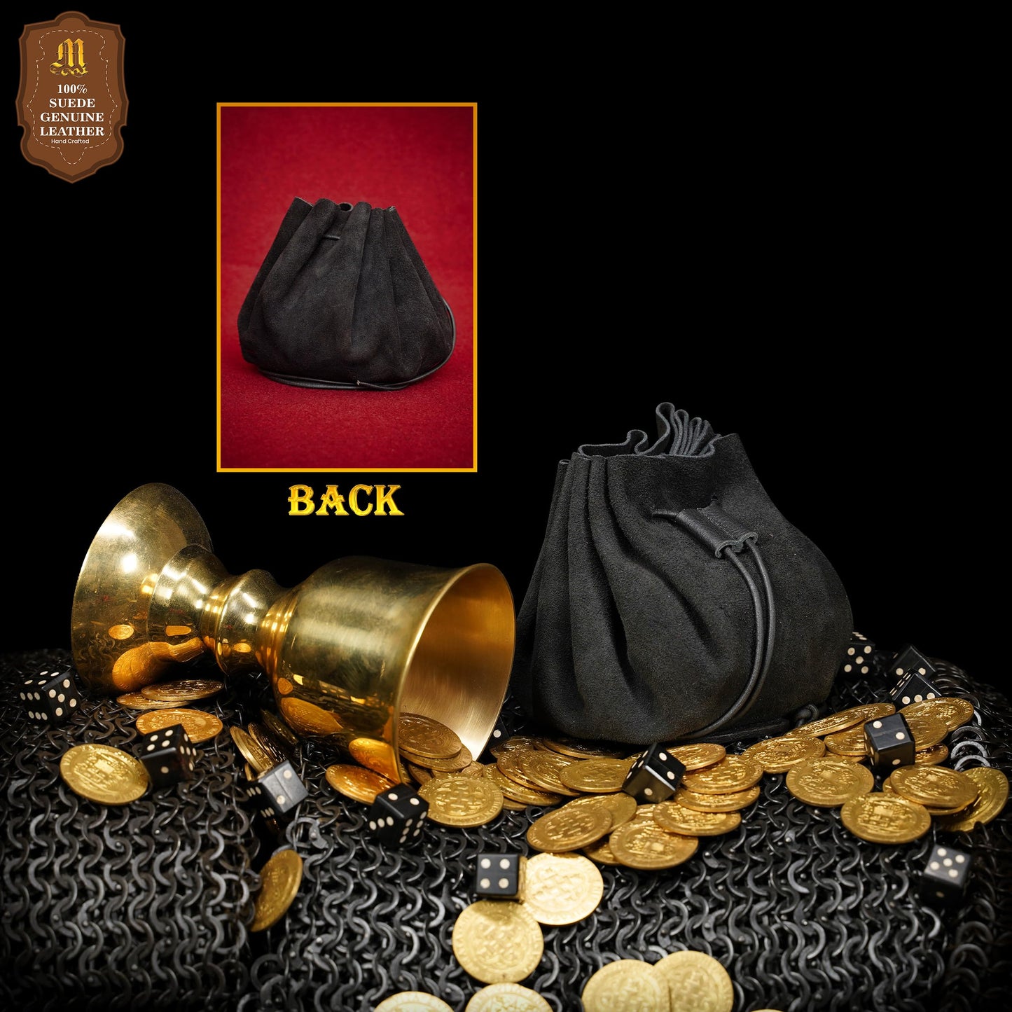 Mythrojan medieval leather pouch suede drawstring belt bag for larp, viking, renaissance cosplay, coin & jewelry waist purse (black, 3.8" x 3.8")